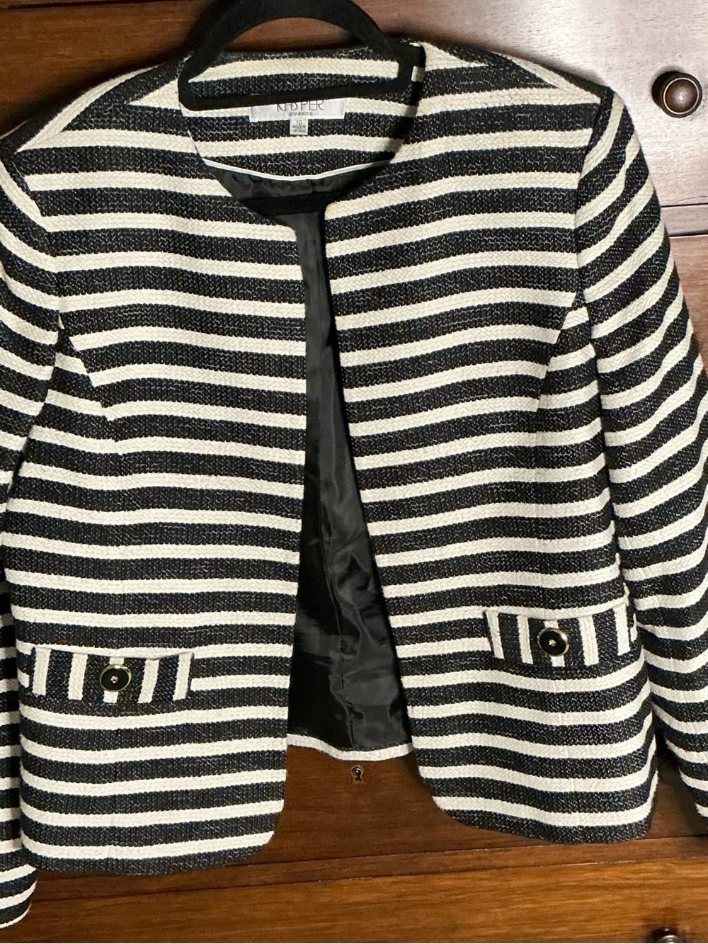 Kasper Black and White Striped Collarless Blazer